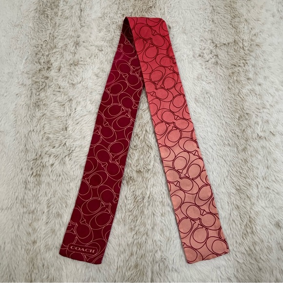 Coach Signature C Skinny Silk Scarf Pink Red Reversible Twilly Wrap - Picture 1 of 4
